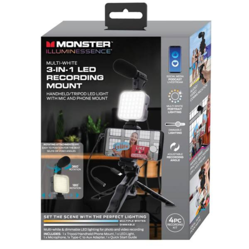 Monster MSV7-1002-MWT Smartphone LED Video Recording Mount, for Vlogging/Live Streams/Social Media