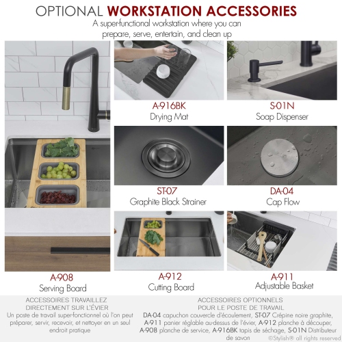 Stylish Versa33 Undermount 33" Workstation 16-gauge Single-Bowl Graphite Black Kitchen Sink with accessories S-613WN