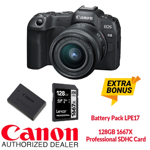 Canon EOS R8 Mirrorless RF24-50mm f4.5-6.3. BONUS Battery Pack +128GB Card. Canon Canon Authorized