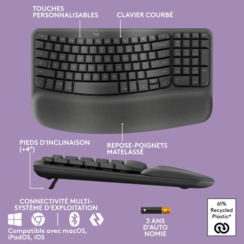 Clavier ergonomique sans fil Wave Keys de Logitech - Graphite