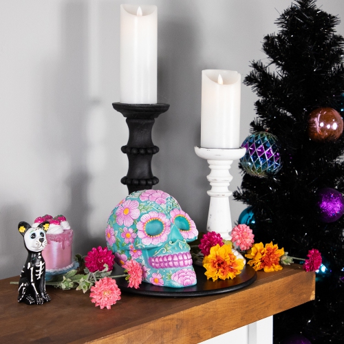 Day of the Dead Skull Coin Bank - 7.75" - Teal Blue and Pink