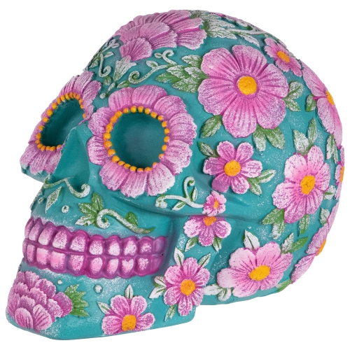 Day of the Dead Skull Coin Bank - 7.75" - Teal Blue and Pink