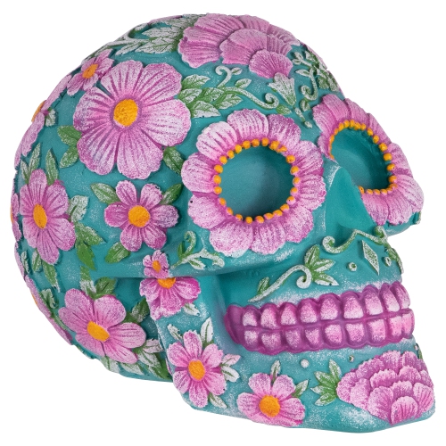Day of the Dead Skull Coin Bank - 7.75" - Teal Blue and Pink