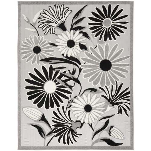 8' X 11' Black And White Floral Stain Resistant Non Skid Area Rug