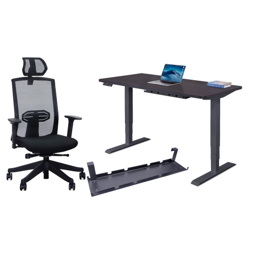 EFFYDESK  Business Bundle: Height Adjustable Computer Standing Desk Small Oak On Business Frame + Karmachair Adjustable Ergonomic Office Chair