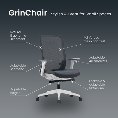 EFFYDESK BUSINESS BUNDLE: Height Adjustable Computer Standing Desk Small Oak White on Business White Frame + GrinChair Adjustable Ergonomic Office