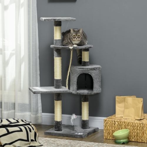 PawHut 46Inch Scratching Cat Tree, Multi Level Cat Tower for Large Cats Adult with Toys and Condo, Grey
