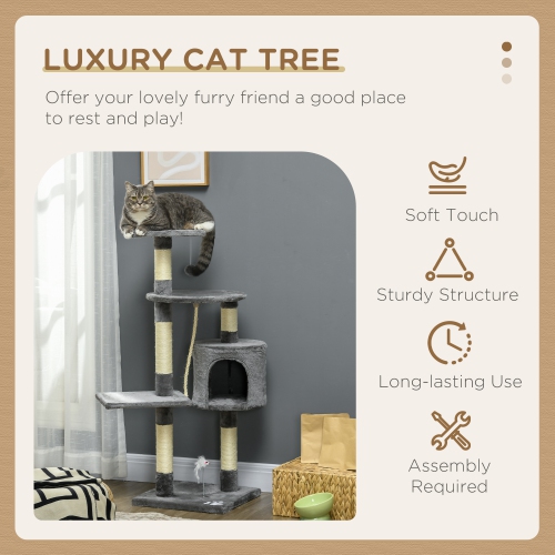 PawHut 46Inch Scratching Cat Tree, Multi Level Cat Tower for Large Cats Adult with Toys and Condo, Grey