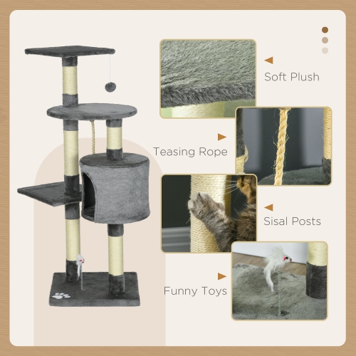 PawHut 46Inch Scratching Cat Tree, Multi Level Cat Tower for Large Cats Adult with Toys and Condo, Grey