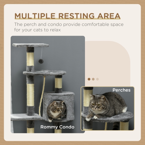 PawHut 46Inch Scratching Cat Tree, Multi Level Cat Tower for Large Cats Adult with Toys and Condo, Grey