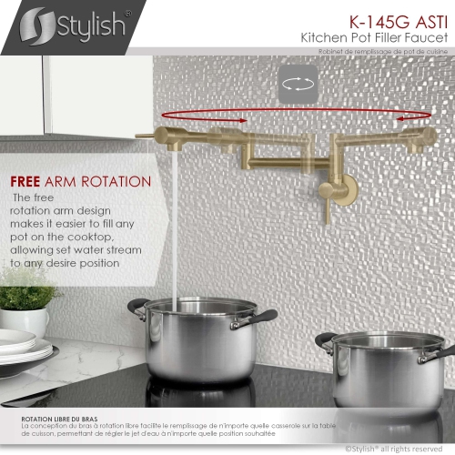 OPEN BOX A - Stainless Steel Wall Mount Pot Filler Folding Stretchable with two Handles in Brushed Gold finish - K-145G