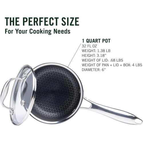 Casserole hybride antiadhésive de 1 pintes avec couvercle HexClad, va au lave-vaisselle et au four, compatible avec toutes les surfaces de cuisson