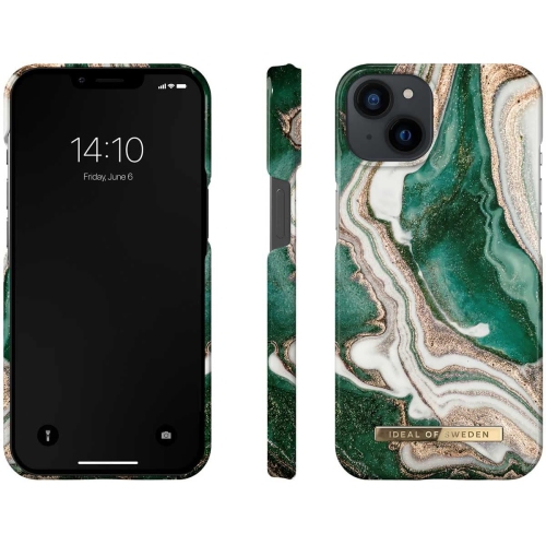 Étui marbré jade doré d'IDEAL of Sweden pour iPhone 13 et iPhone 14 - Boîte ouverte