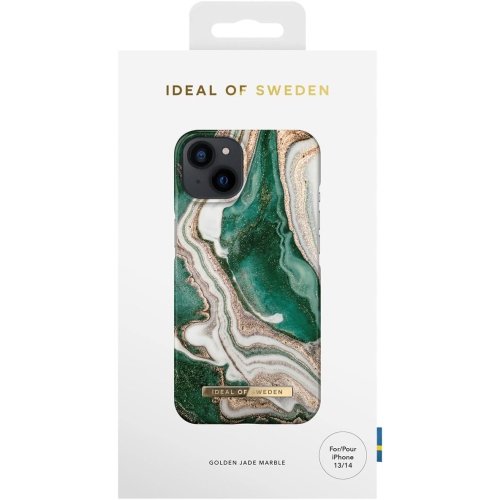 Étui marbré jade doré d'IDEAL of Sweden pour iPhone 13 et iPhone 14 - Boîte ouverte