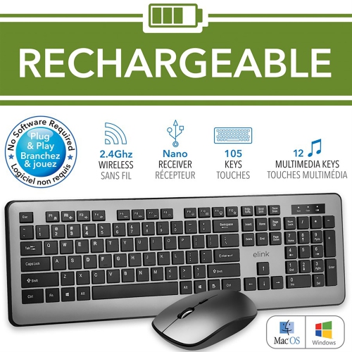ELink KBR623 - Ensemble clavier et souris sans fil, rechargeable, 2,4 GHz, noir