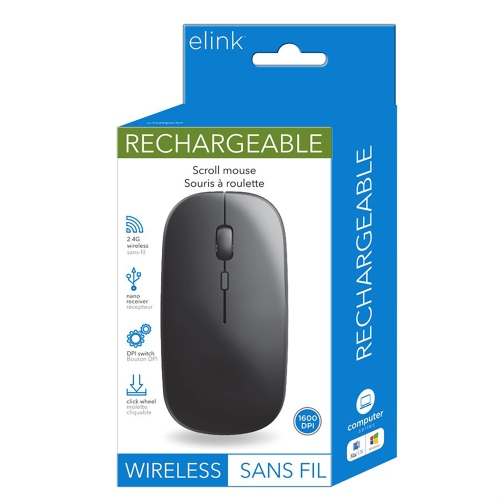 Elink CMR609 - Wireless Rechargeable Rolling Mouse, 1600DPI, 2.4Ghz, Black