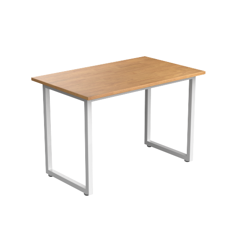 Desky Fixed Office Side Table - Light Oak Rubberwood Top, White Frame, Sturdy Steel, Adjustable Feet