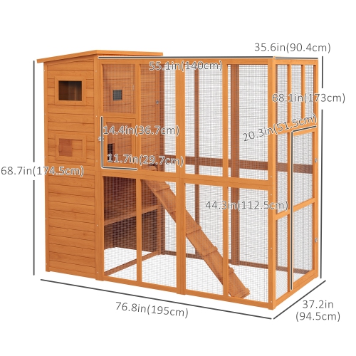 PawHut Large Catio Outdoor Cat Enclosure, 77" L Weatherproof Wooden Cat House with Condo, Walk-in Kitty Cage, Orange