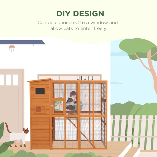 PawHut Large Catio Outdoor Cat Enclosure, 77" L Weatherproof Wooden Cat House with Condo, Walk-in Kitty Cage, Orange