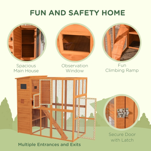 PawHut Large Catio Outdoor Cat Enclosure, 77" L Weatherproof Wooden Cat House with Condo, Walk-in Kitty Cage, Orange