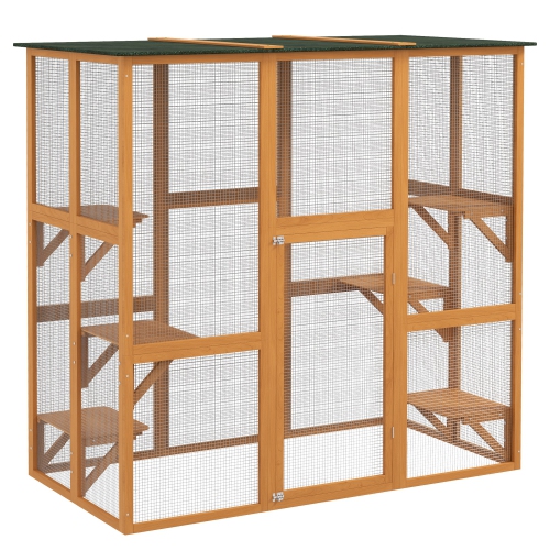 PAWHUT  " Large Outdoor Catio Enclosure, Weatherproof Cat House \w Asphalt Roof, Wooden Cat Patio Cage \w 6 Balanced Platforms, 71"" X 39"" X 71""