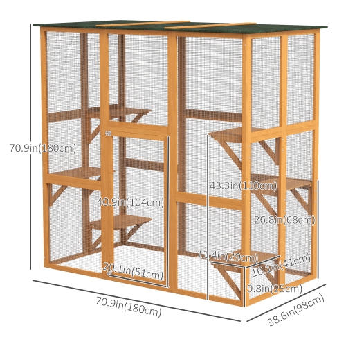 PawHut Outdoor Catio Cat Enclosure, Large Weatherproof Cat House with Asphalt Roof, 6 Jumping Platforms, Wooden Walk-in Kitty Cage for Multiple