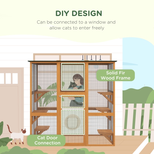 PawHut Outdoor Catio Cat Enclosure, Large Weatherproof Cat House with Asphalt Roof, 6 Jumping Platforms, Wooden Walk-in Kitty Cage for Multiple