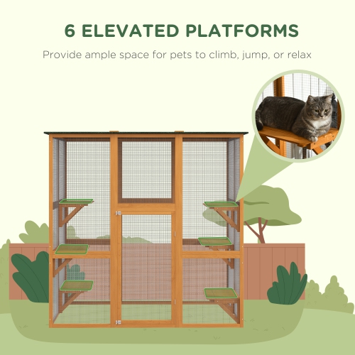 PawHut Outdoor Catio Cat Enclosure, Large Weatherproof Cat House with Asphalt Roof, 6 Jumping Platforms, Wooden Walk-in Kitty Cage for Multiple