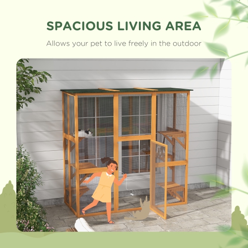 PawHut Outdoor Catio Cat Enclosure, Large Weatherproof Cat House with Asphalt Roof, 6 Jumping Platforms, Wooden Walk-in Kitty Cage for Multiple