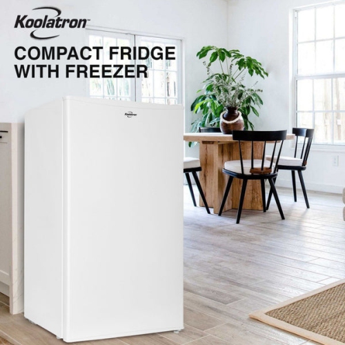 Koolatron Compact Fridge w/ Freezer, 3.2 cu ft White, Space-Saving Flat Back, Reversible Door, Full-Width Freezer, for Dorm, Office, Home Bar