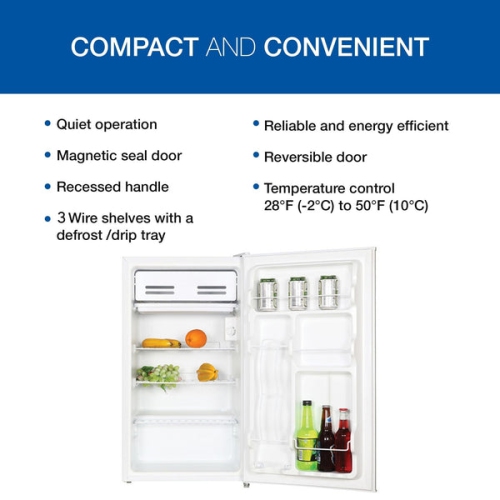 Koolatron Compact Fridge w/ Freezer, 3.2 cu ft White, Space-Saving Flat Back, Reversible Door, Full-Width Freezer, for Dorm, Office, Home Bar