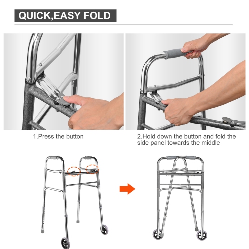 Lightweight Aluminum Folding Walker with 5" Rubber Wheels and 8 Height Adjustable for Elderly up to 300lbs Loading