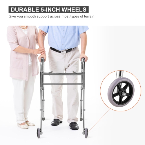 Lightweight Aluminum Folding Walker with 5" Rubber Wheels and 8 Height Adjustable for Elderly up to 300lbs Loading