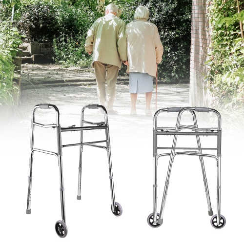 Lightweight Aluminum Folding Walker with 5" Rubber Wheels and 8 Height Adjustable for Elderly up to 300lbs Loading