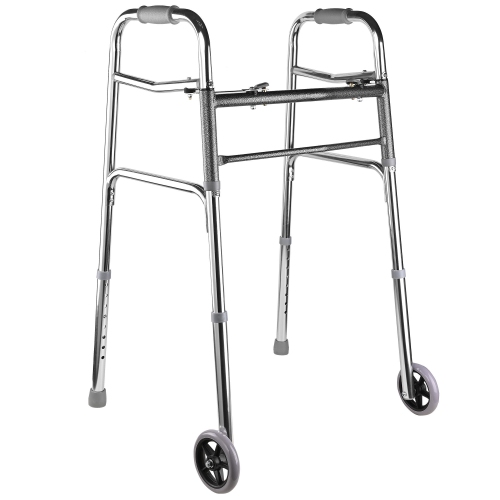 Lightweight Aluminum Folding Walker with 5" Rubber Wheels and 8 Height Adjustable for Elderly up to 300lbs Loading