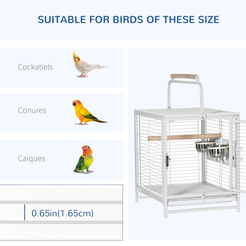 PawHut Bird Travel Carrier Cage for Parrots Conures African Grey Cockatiel Parakeets with Stand Perch, Stainless Steel Bowls, Pull Out Tray, White