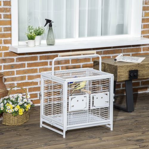 PawHut Bird Travel Carrier Cage for Parrots Conures African Grey Cockatiel Parakeets with Stand Perch, Stainless Steel Bowls, Pull Out Tray, White