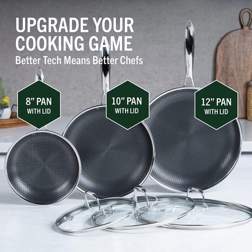 HexClad 6 Piece Hybrid Nonstick Pan Set 8, 10 and 12 Inch Frying Pans with Glass Lids, Dishwasher and Oven Safe, Works on Induction, Ceramic and Gas