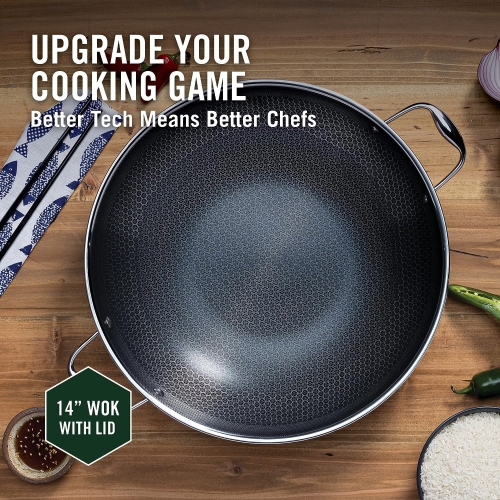 HexClad 14 Inch Hybrid Nonstick Wok and Lid, Dishwasher and Oven Friendly, Compatible with All Cooktops