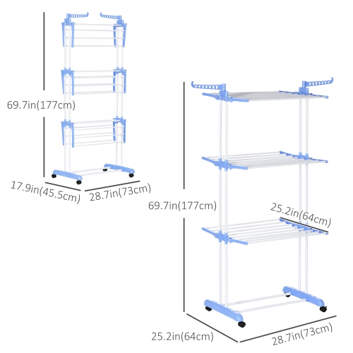 HOMCOM Foldable Clothes Drying Rack, 4-Tier Steel Laundry Rack for Drying Clothes with 2 Side Wings and 4 Castors, Indoor and Outdoor Use, Blue