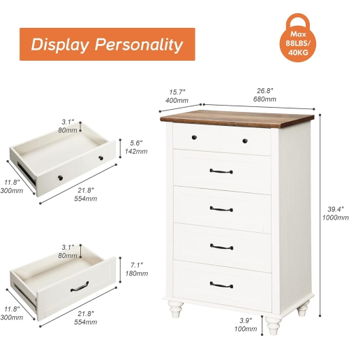 WAMPAT White Dresser for Bedroom with 5 Drawers, Tall Kids Dressers with Wide Chest of Drawers for Living Room, Nursery, Hallway