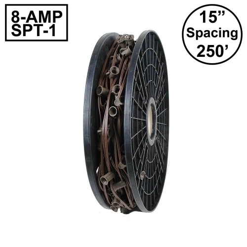 Novelty Lights 250 Foot C7 Christmas Stringer Bulk Reel, Brown Wire, 12" Spacing, Candelabra Base, SPT-1 8 AMP Wire