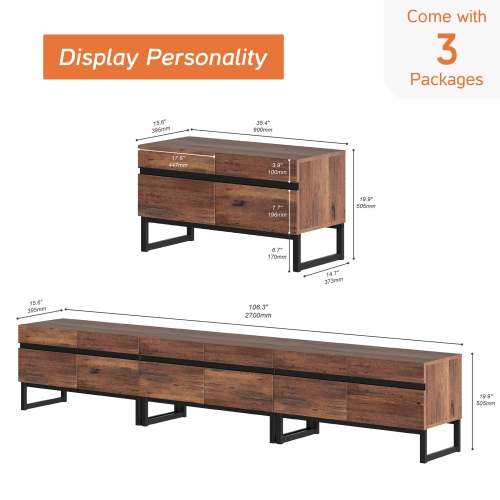 WAMPAT Modern TV Stand for TVs up to 110 inches, 3 in 1 Entertainment Center TV Console with Storage Cabinets and Metal Base for Living Room,Brown