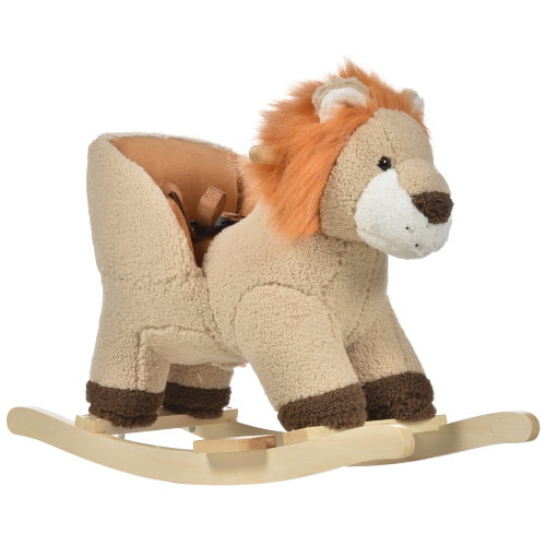 Qaba – Chaise berçante en peluche avec motif de lion, cheval berçant en bois avec son, ceinture de sécurité pour garçons et filles de 18-36 à 6 mois,