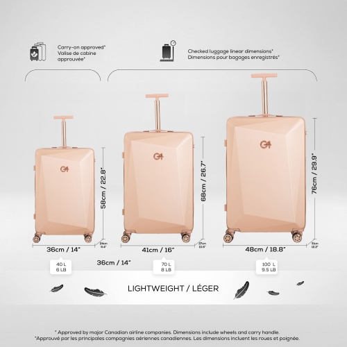 Ensemble de 3 valises rigides, légères et durables PC+ABS WINGOMART, roulettes pivotantes doubles, verrou TSA - 20&nbsp;po/24IN/28&nbsp;po - Doré