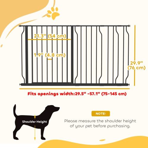 PawHut 30"- 57" Extra Wide Dog Gate with Door, Double Locking System, Easy Install Pet Gate for Stairs, Hallways, and Doorways, Black