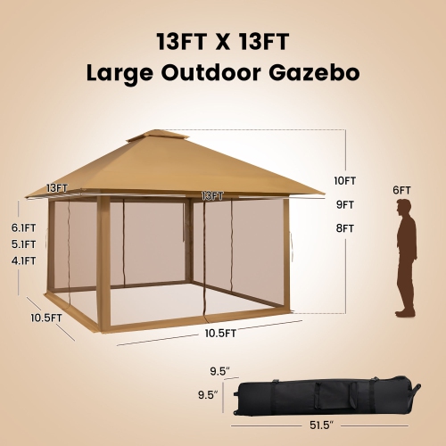 Gymax Outdoor Patio 13' x13' Pop Up Canopy Tent UV50+ Adjust Sun Protection w/ Mesh Sidewall Khaki