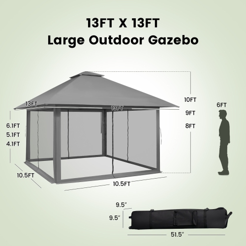 Gymax Outdoor Patio 13' x13' Pop Up Canopy Tent UV50+ Adjust Sun Protection w/ Mesh Sidewall Grey
