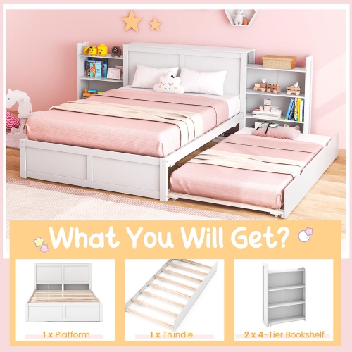 Gymax Full/Twin Wooden Platform Bed with Trundle Storage Headboard Pull Out Shelves White