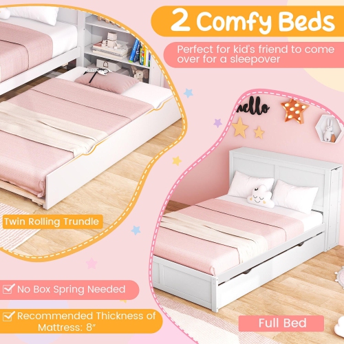 Gymax Full/Twin Wooden Platform Bed with Trundle Storage Headboard Pull Out Shelves White